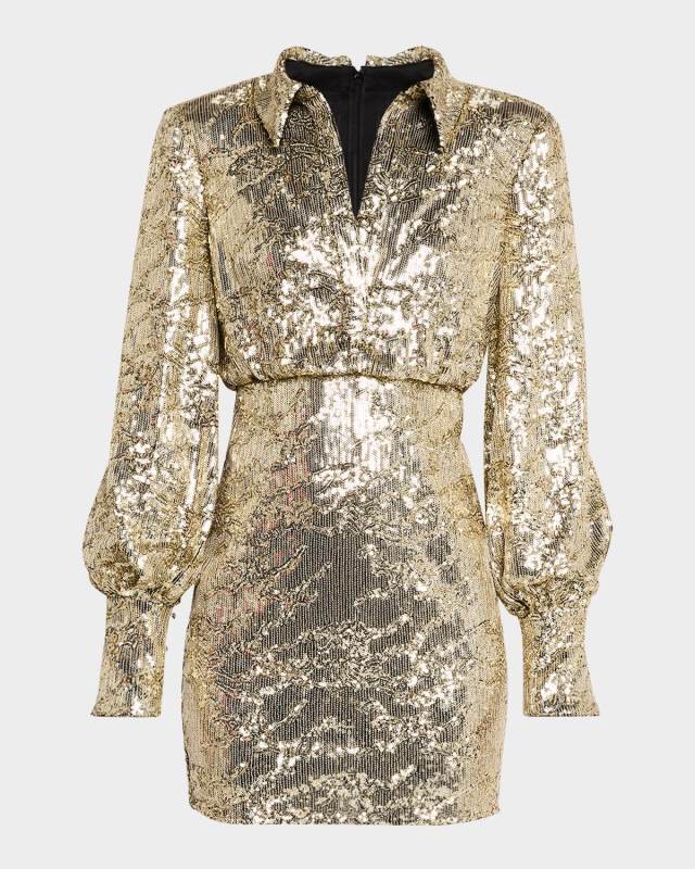 Blouson-Sleeve Sequin Mini Shirtdress